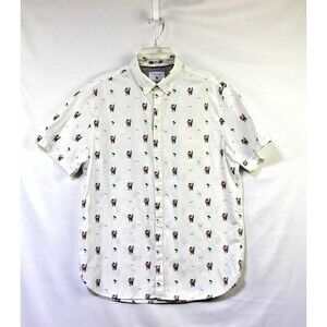 Denim & Flower Surfing Santa White Short Sleeve Button Up Shirt Men’s Size Large